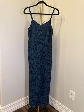 Apt 9 Leopard Print Jumpsuit Medium Blue Wide Leg Spaghetti Strap Pockets